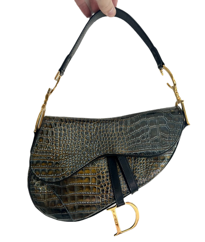 Dior Saddle Green Medium Crocodile embossed Leather Handbag