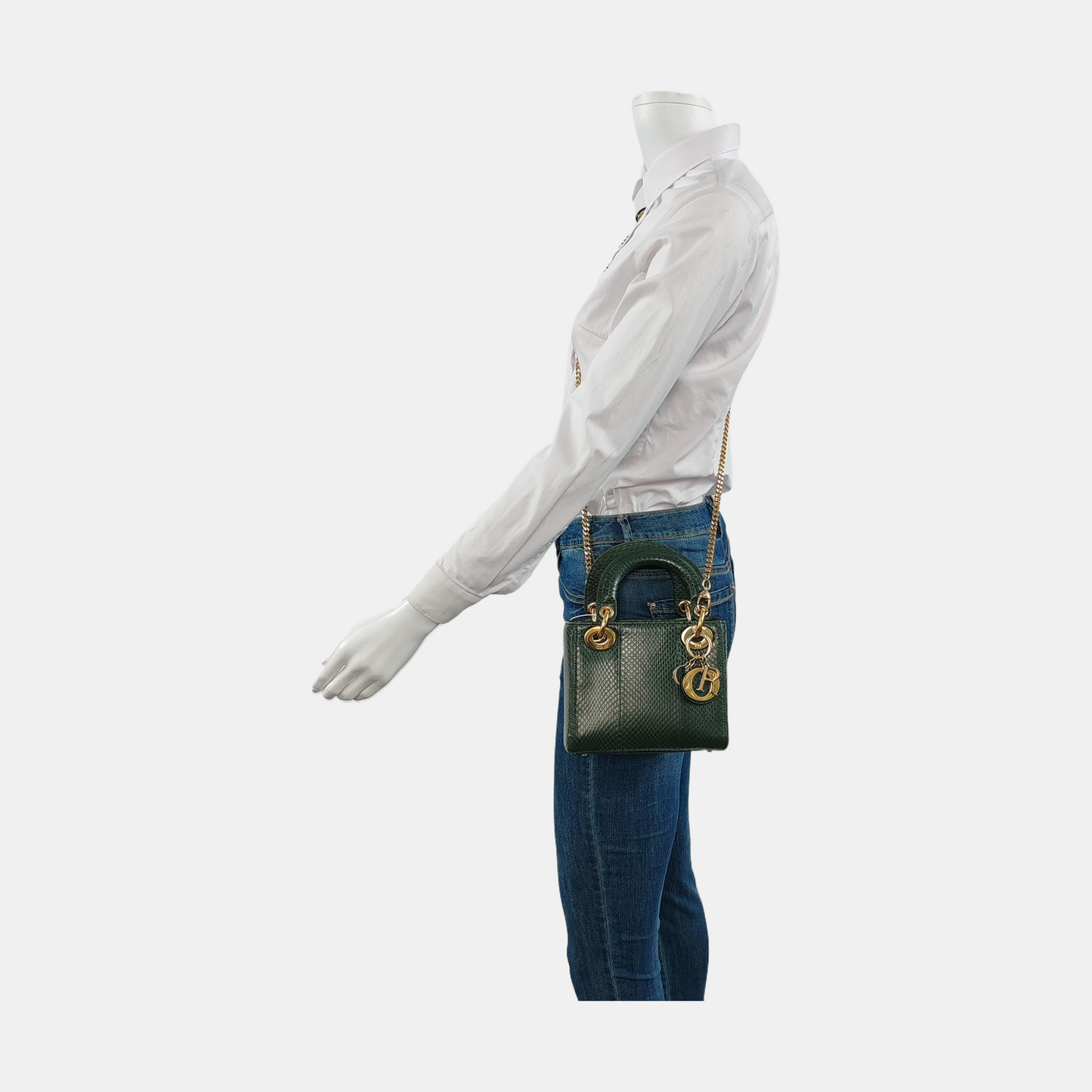 Lady Dior Mini Dark Green Snake Skin with gold hardware Chain Strap