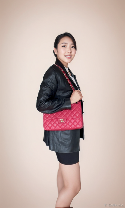 Chanel Classic Flap 2009 Large Red Leather Gold Hardware Velvet Chain Strap