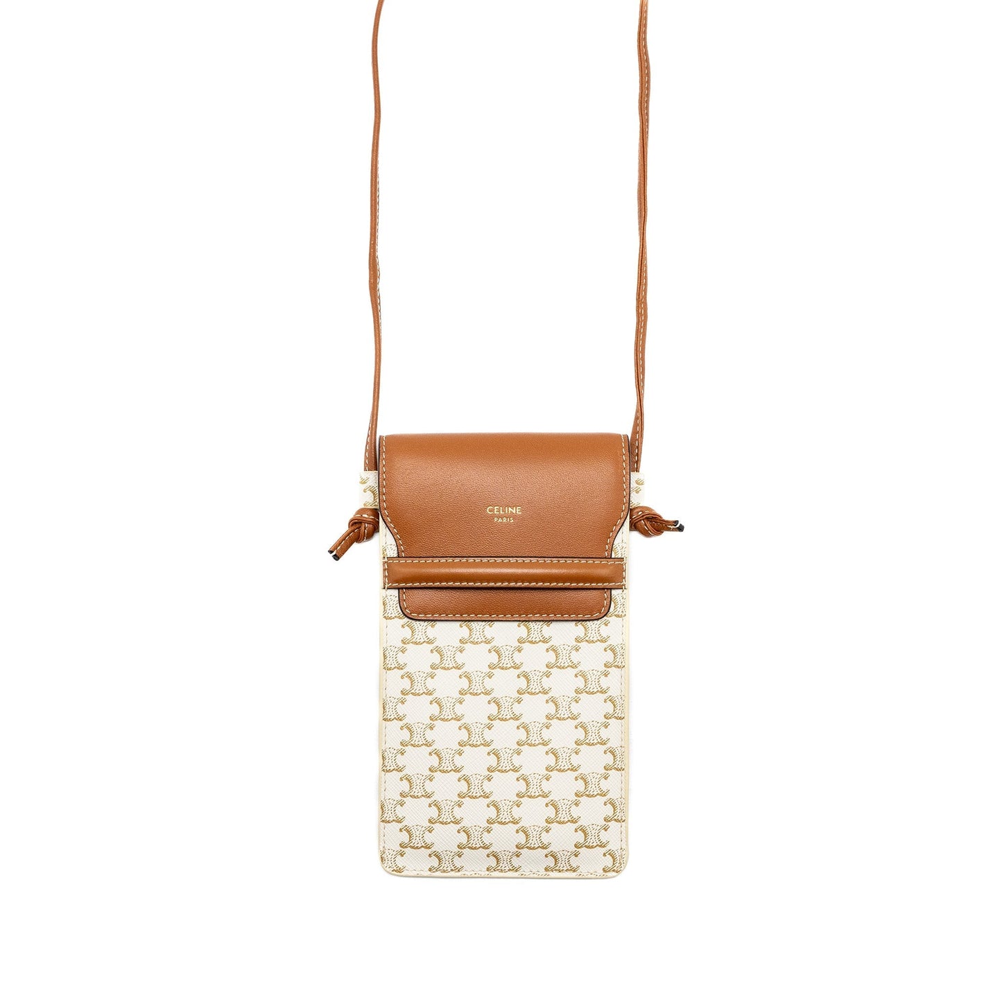 Luxury CELINE Phone Pouch with Flap Triomphe Canvas /Lambskin White/Tan