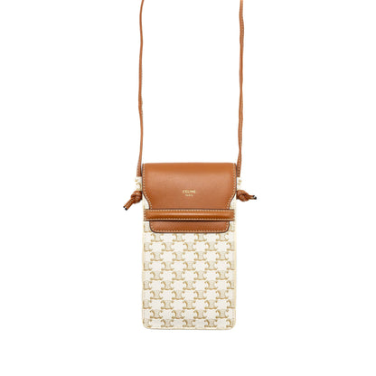 Luxury CELINE Phone Pouch with Flap Triomphe Canvas /Lambskin White/Tan
