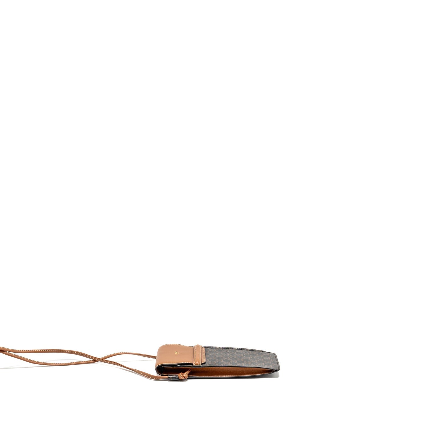 Luxury CELINE Phone Pouch with Flap Triomphe Canvas /Lambskin Tan