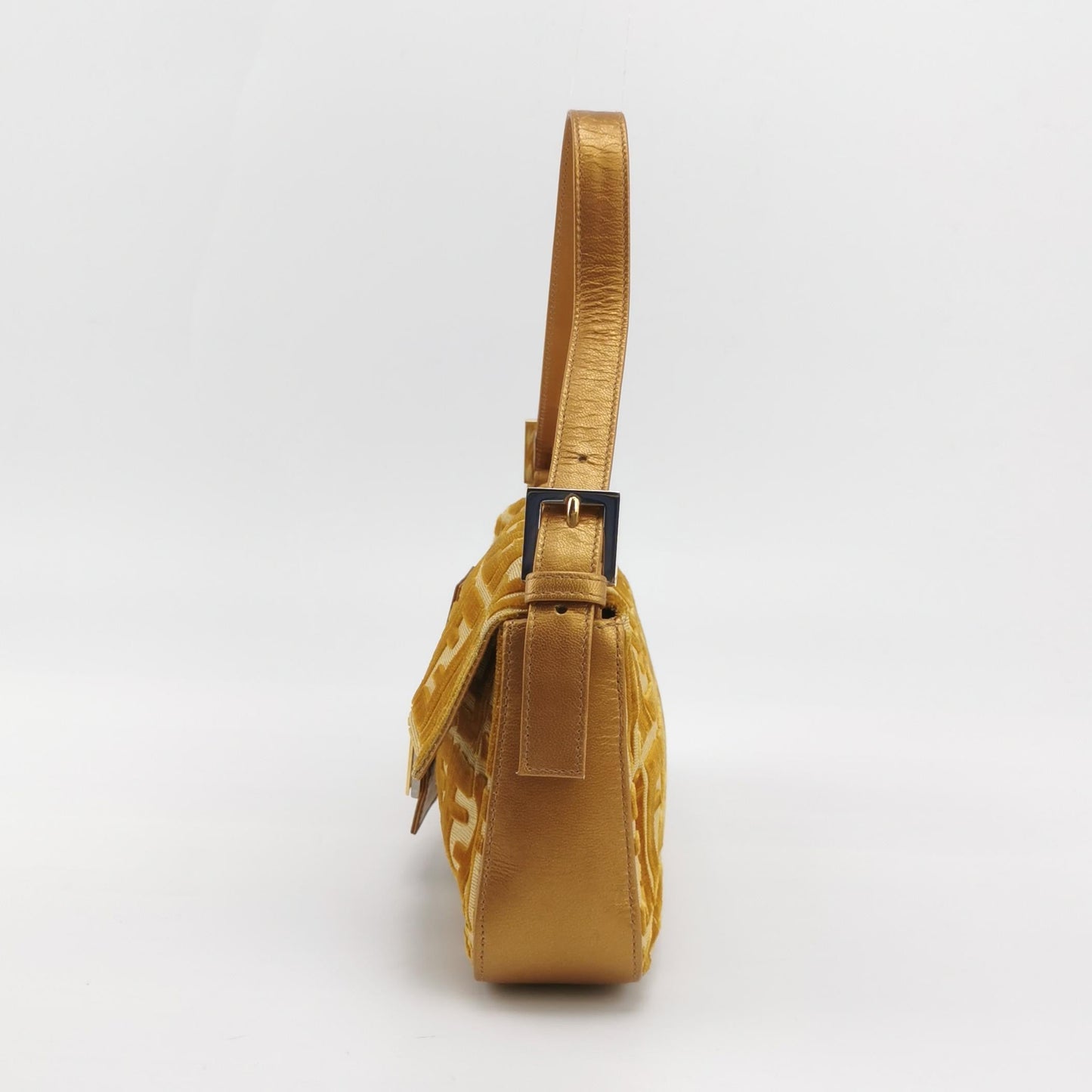 FENDI Baguette Gold FF Monogram Velvet Shoulder Bag