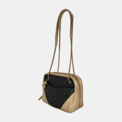 Chanel Camera Bag Chevron Stitching Black Gold Lambskin Leather Double Gold Chain, 2014
