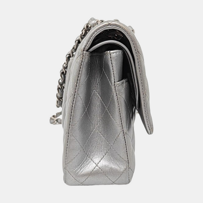 Chanel Classic Flap Medium Silver Grey Lambskin Leather Silver Hardware