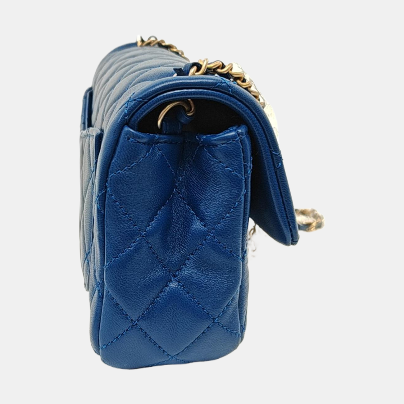 Chanel Classic Flap Rectangular Mini Blue Lambskin Pearl Crush Adjustable Gold Ball Chain