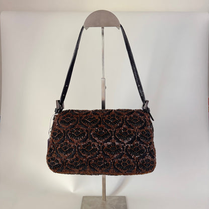 Fendi Mini Mamma Baguette Brown Glitter Beads Floral Embroidery