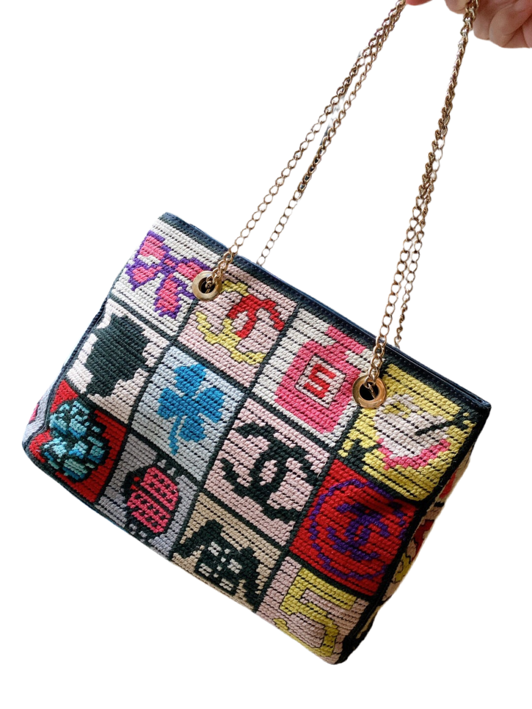 Rare Chanel Precious Symbols Needlepoint Shoulder Bag Shopper Tote
