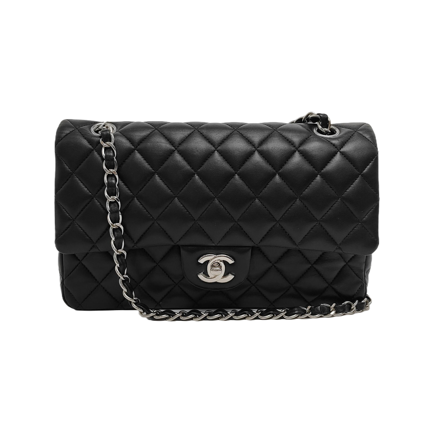 Chanel Timeless Classic Flap Medium Black Lambskin Leather Silver Hardware
