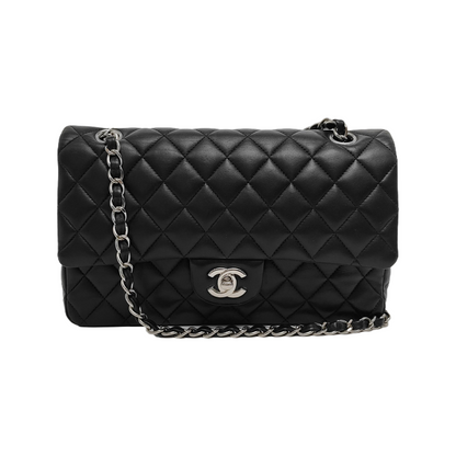 Chanel Timeless Classic Flap Medium Black Lambskin Leather Silver Hardware