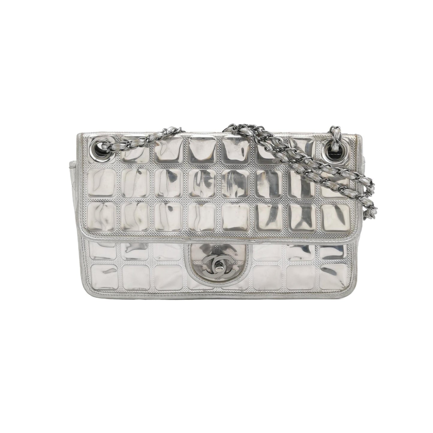 Chanel Ice Cube Chocolate Bar Classic Flap Metallic Silver PVC with Leather