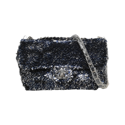 Chanel Paillette Flap Bag Rectangular Mini Glitter Sequins Navy and Silver