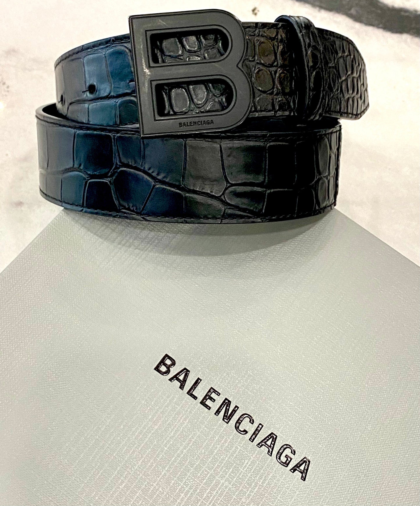 BALENCIAGA CROC EMBOSSED HOURGLASS B-LOGO LEATHER BELT