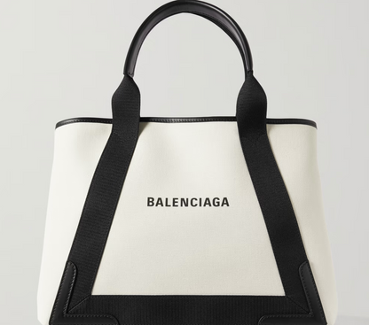 BALENCIAGA LEATHER TRIMMED TWO TONE CANVAS TOTE BAG