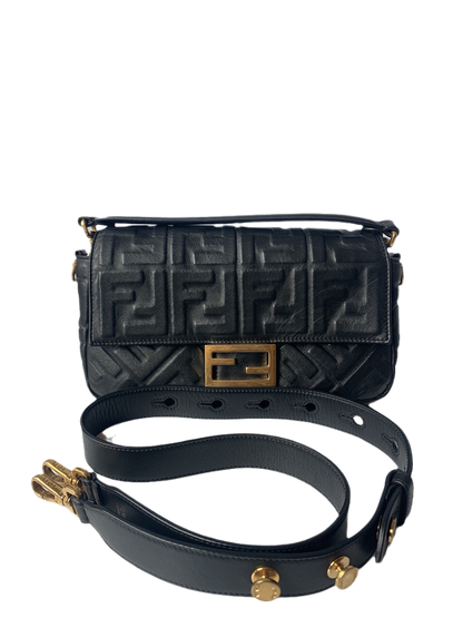 Fendi Baguette Black Leather 3D FF Motif Crossbody bag Medium