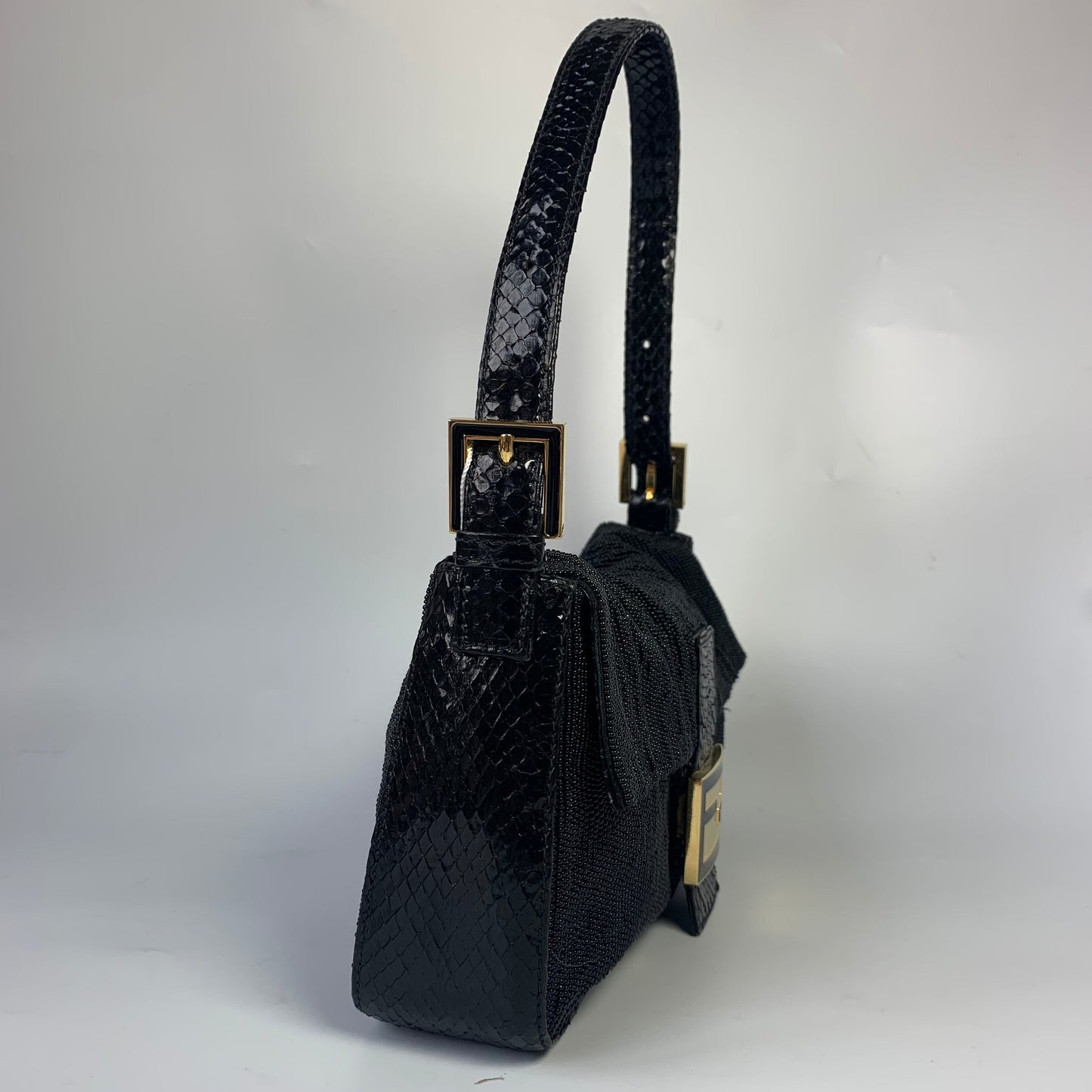 Fendi Baguette Vintage Black Round Beads with Snake Skin Strap