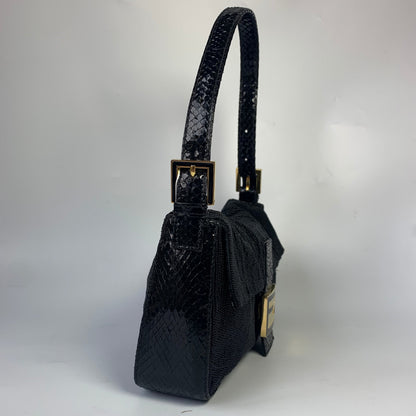 Fendi Baguette Vintage Black Round Beads with Snake Skin Strap