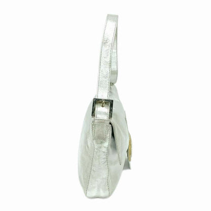 FENDI Baguette Silver Lambskin Leather Crystal Buckle Shoulder Bag