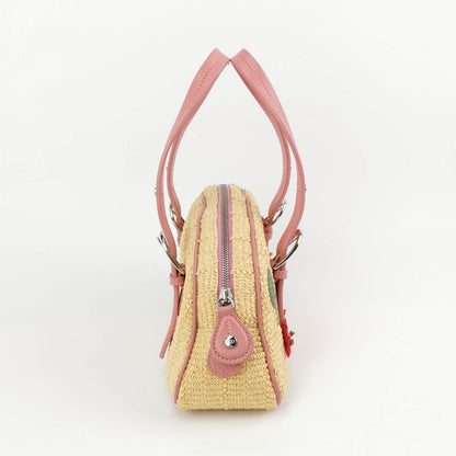Dior Wicker Boston Bag Floral Embroidery Pink Leather