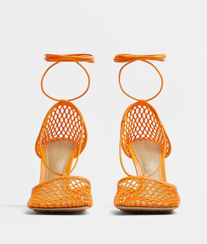 BOTTEGA VENETA LACE-UP LEATHER TRIMMED MESH SANDALS