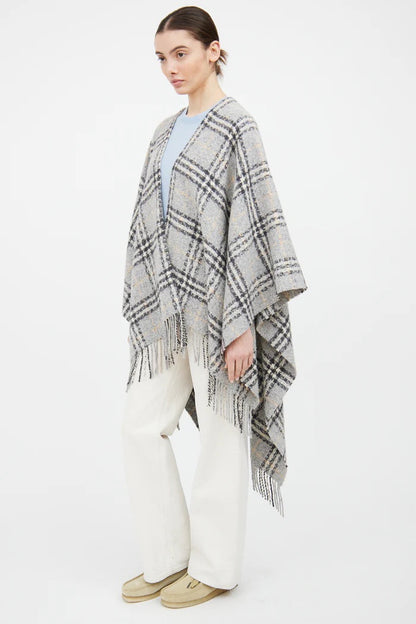 BURBERRY NOVA CHECK WOOL FRINGE CAPE