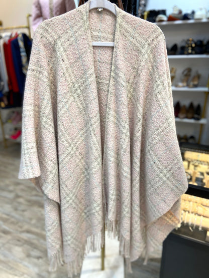 BURBERRY NOVA CHECK PALE PINK WOOL FRINGE CAPE