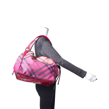 Luxury Burberry Patent/Canvas Nova Check Shoulder Bag Raspberry