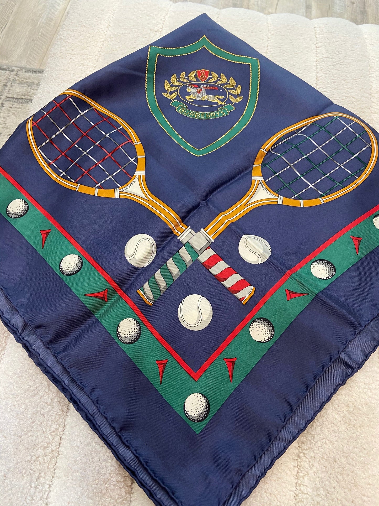 BURBERRY VINTAGE EQUESTRIAN KNIGHT TENNIS RACKET PRINT SILK SCARF