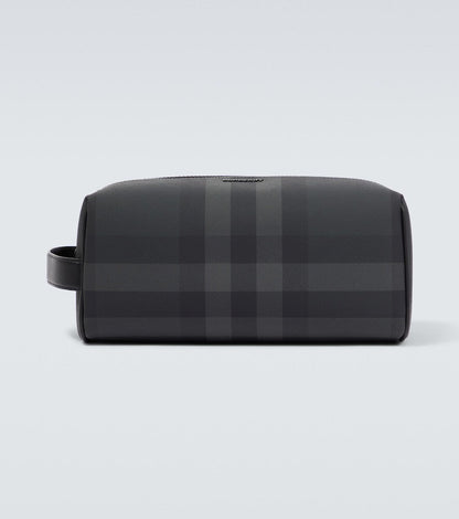 BURBERRY CHARCOAL HOUSE CHECK LEATHER TRAVEL POUCH