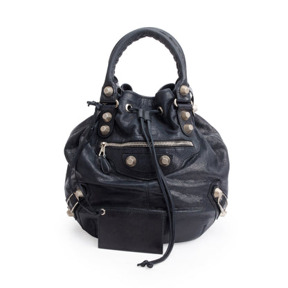 Balenciaga Black Agneau Leather Motocross Giant 12 Large Pom Pom Bag