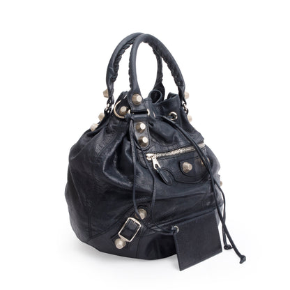 Balenciaga Black Agneau Leather Motocross Giant 12 Large Pom Pom Bag