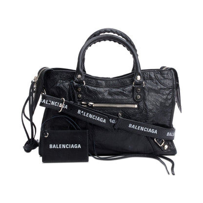 Balenciaga Black Agneau Leather Small Logo Strap Motocross Classic City Bag