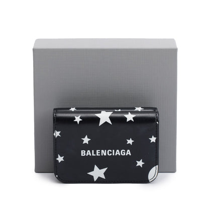 Balenciaga Black Calfskin Leather Logo Star Everyday Mini Compact Wallet