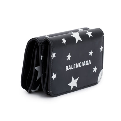Balenciaga Black Calfskin Leather Logo Star Everyday Mini Compact Wallet
