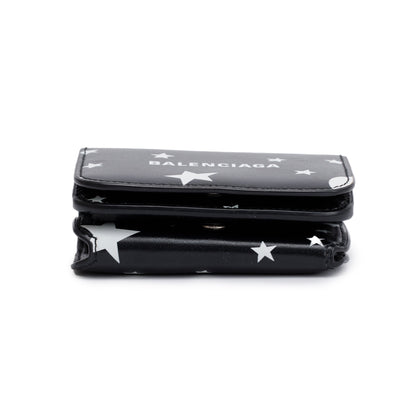 Balenciaga Black Calfskin Leather Logo Star Everyday Mini Compact Wallet
