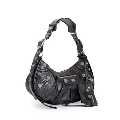 Balenciaga Black Croc-Embossed Arena Leather Rhinestones Le Cagole Small Shoulder Bag