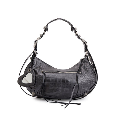 Balenciaga Black Croc-Embossed Arena Leather Rhinestones Le Cagole Small Shoulder Bag