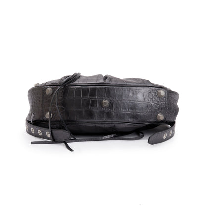 Balenciaga Black Croc-Embossed Arena Leather Rhinestones Le Cagole Small Shoulder Bag