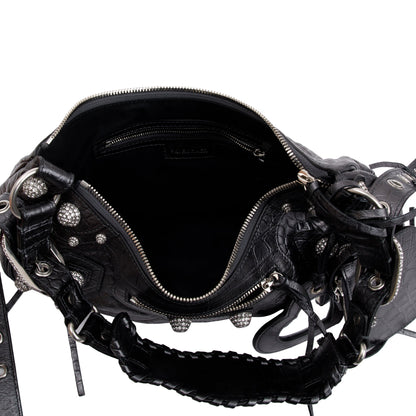 Balenciaga Black Croc-Embossed Arena Leather Rhinestones Le Cagole Small Shoulder Bag