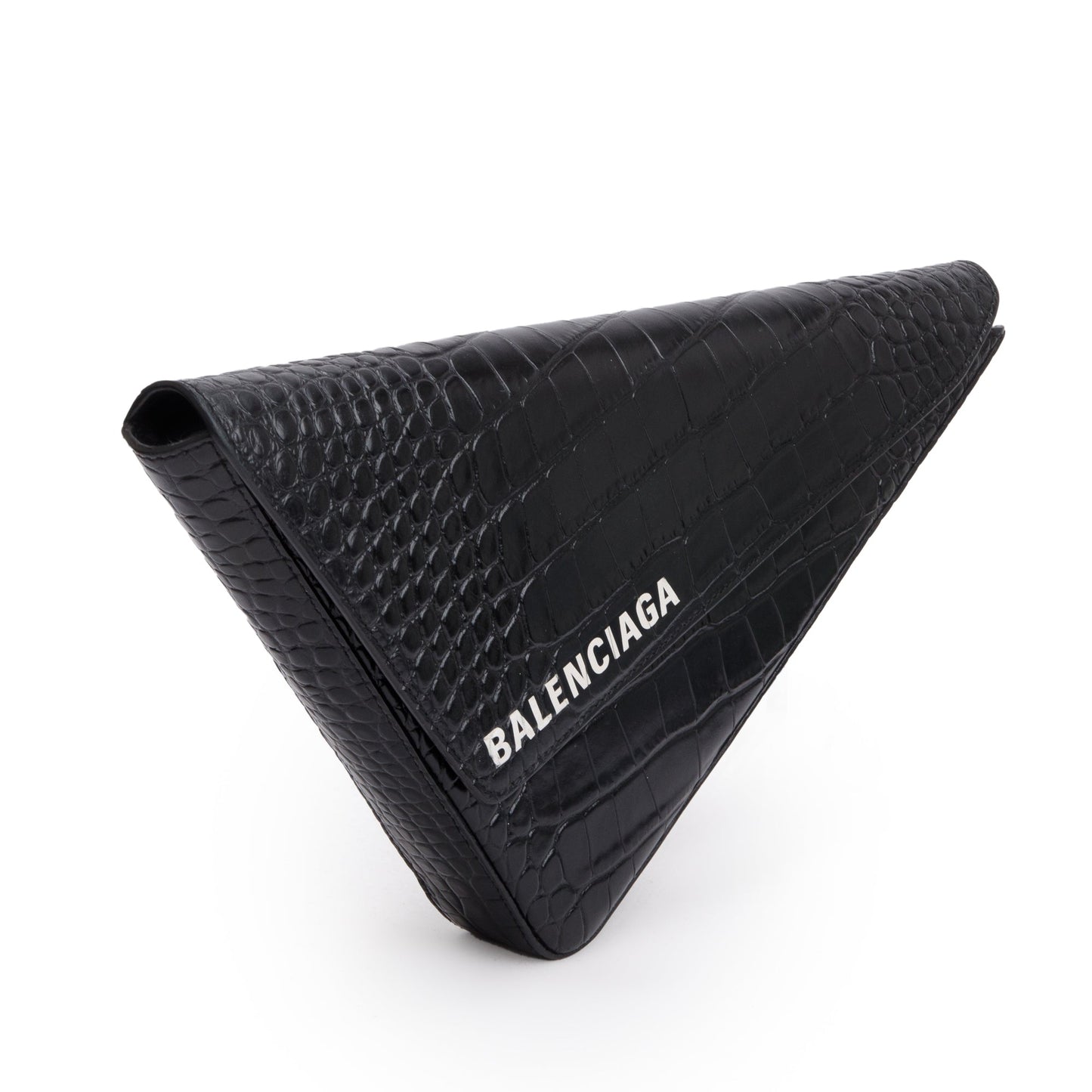 Balenciaga Black Croc-Embossed Calfskin Leather Triangle Clutch