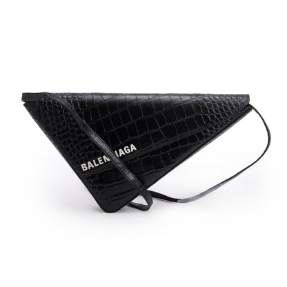 Balenciaga Black Croc-Embossed Calfskin Leather Triangle Clutch