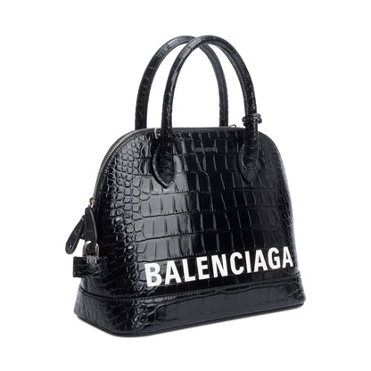 Balenciaga Black Croc-Embossed Calfskin Leather Ville S Top Handle Bag