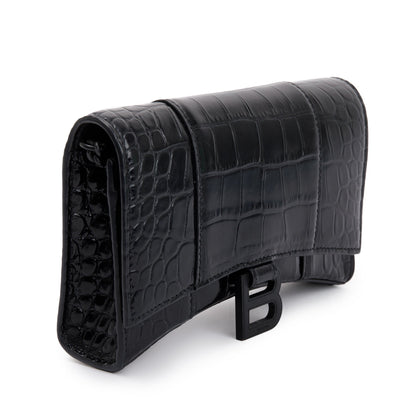 Balenciaga Black Croc-Embossed Leather Hourglass Wallet on Chain