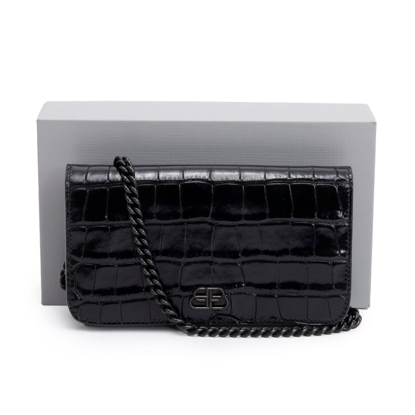 Balenciaga Black Croc-Embossed Leather Phone Holder Wallet on Chain