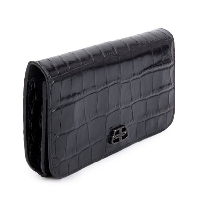 Balenciaga Black Croc-Embossed Leather Phone Holder Wallet on Chain