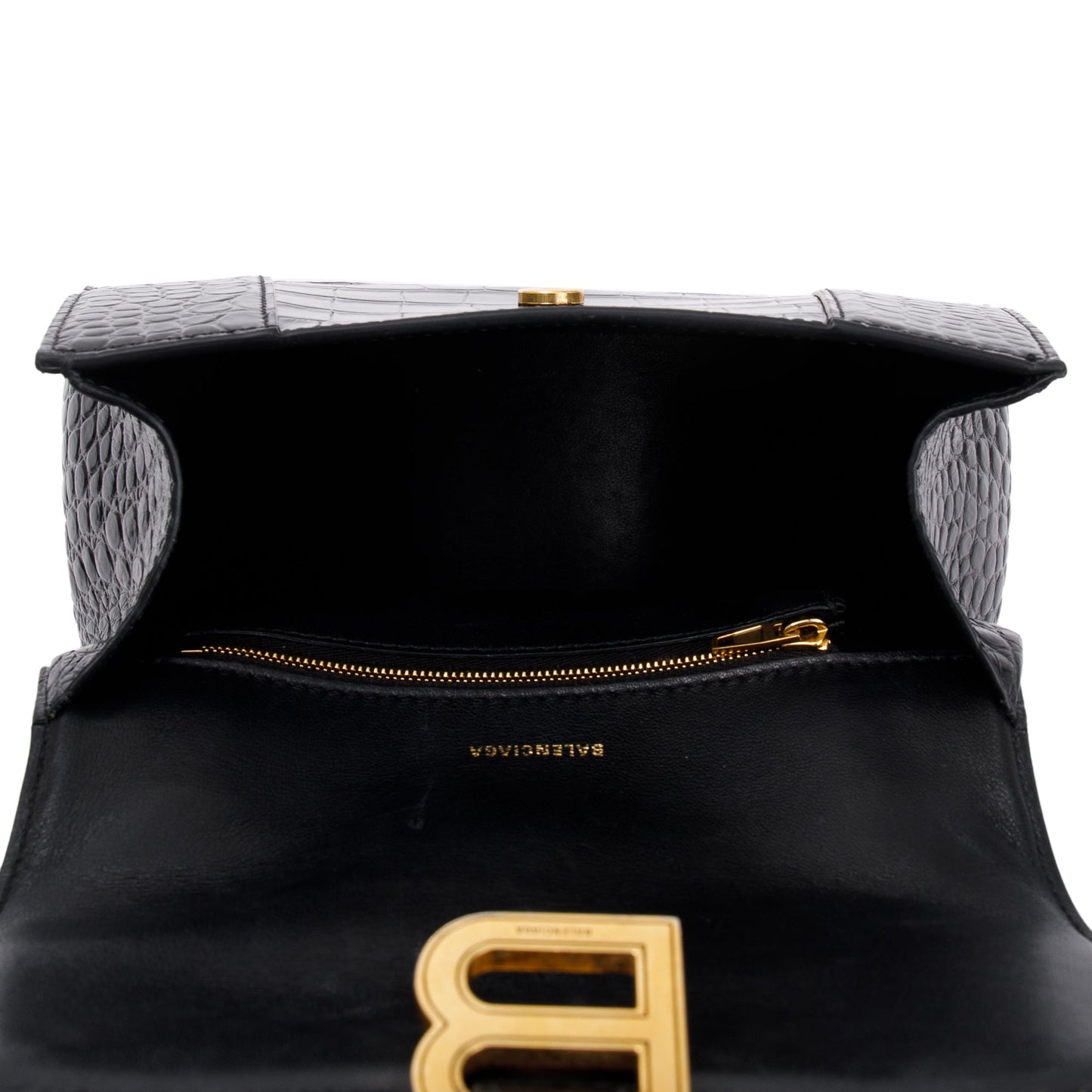 Balenciaga Black Croc-Embossed Leather Small Hourglass Top Handle Bag