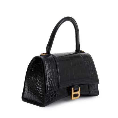 Balenciaga Black Croc-Embossed Leather Small Hourglass Top Handle Bag