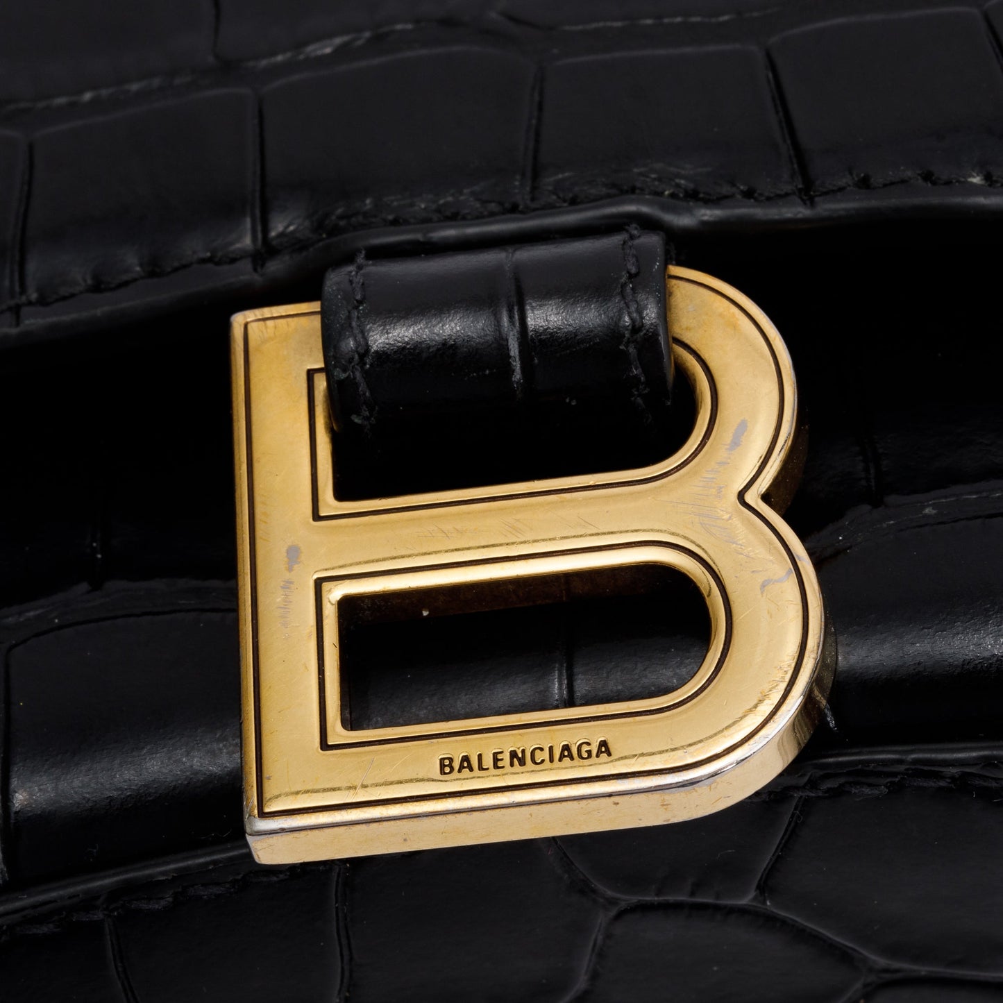 Balenciaga Black Croc-Embossed Leather XS Hourglass Top Handle Bag