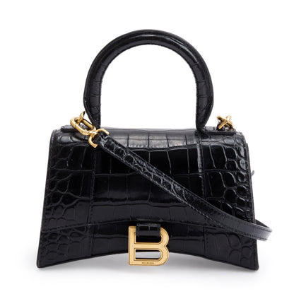 Balenciaga Black Croc-Embossed Leather XS Hourglass Top Handle Bag