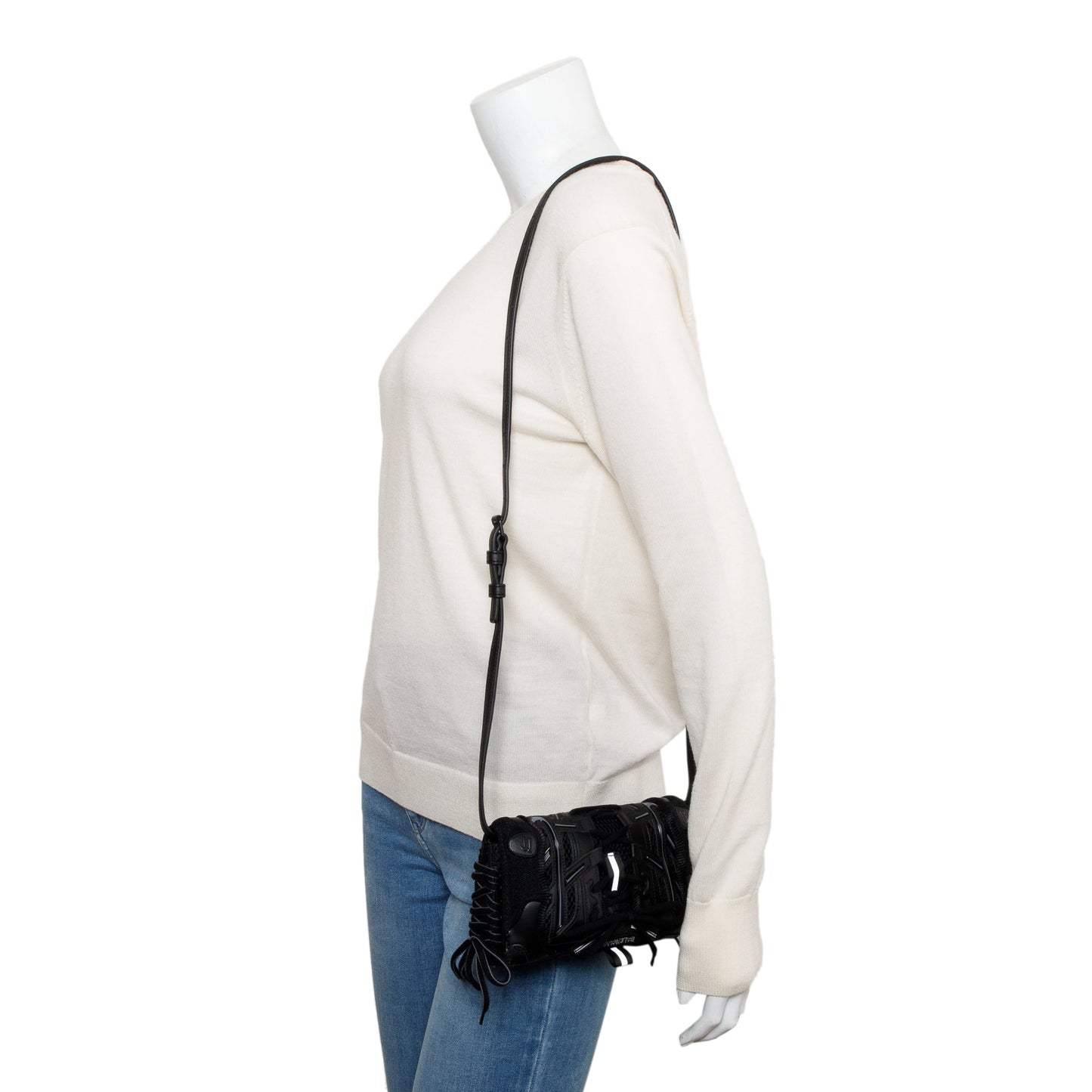 Balenciaga Black Leather Mesh Accent Sneakerhead Phone Holder Crossbody Bag